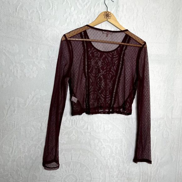 Maroon Lace Mesh Long Sleeve Crop Top - Picture 5 of 8
